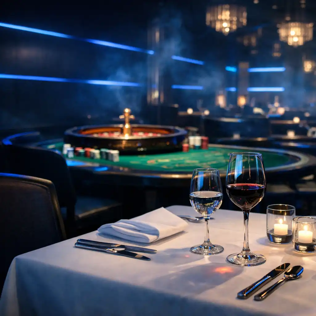 Eleganckie wnętrze restauracji Xuravoni z widocznym stołem do ruletki w tle, ciemne oświetlenie z laserowo-niebieskimi akcentami