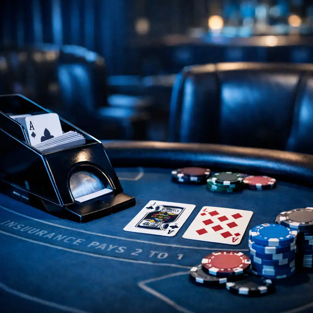 Detal stołu do blackjacka w Kasyno Lounge Xuravoni z kartami, żetonami i chłodnym niebieskim światłem