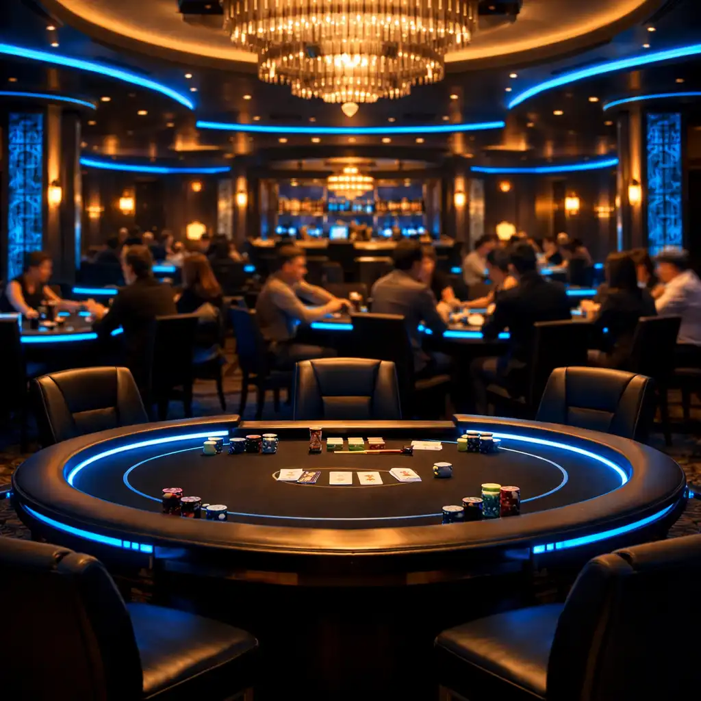 Wnętrze luksusowego kasyna lounge z kilkoma stołami pokerowymi, ciepłym światłem i laserowo-niebieskimi akcentami