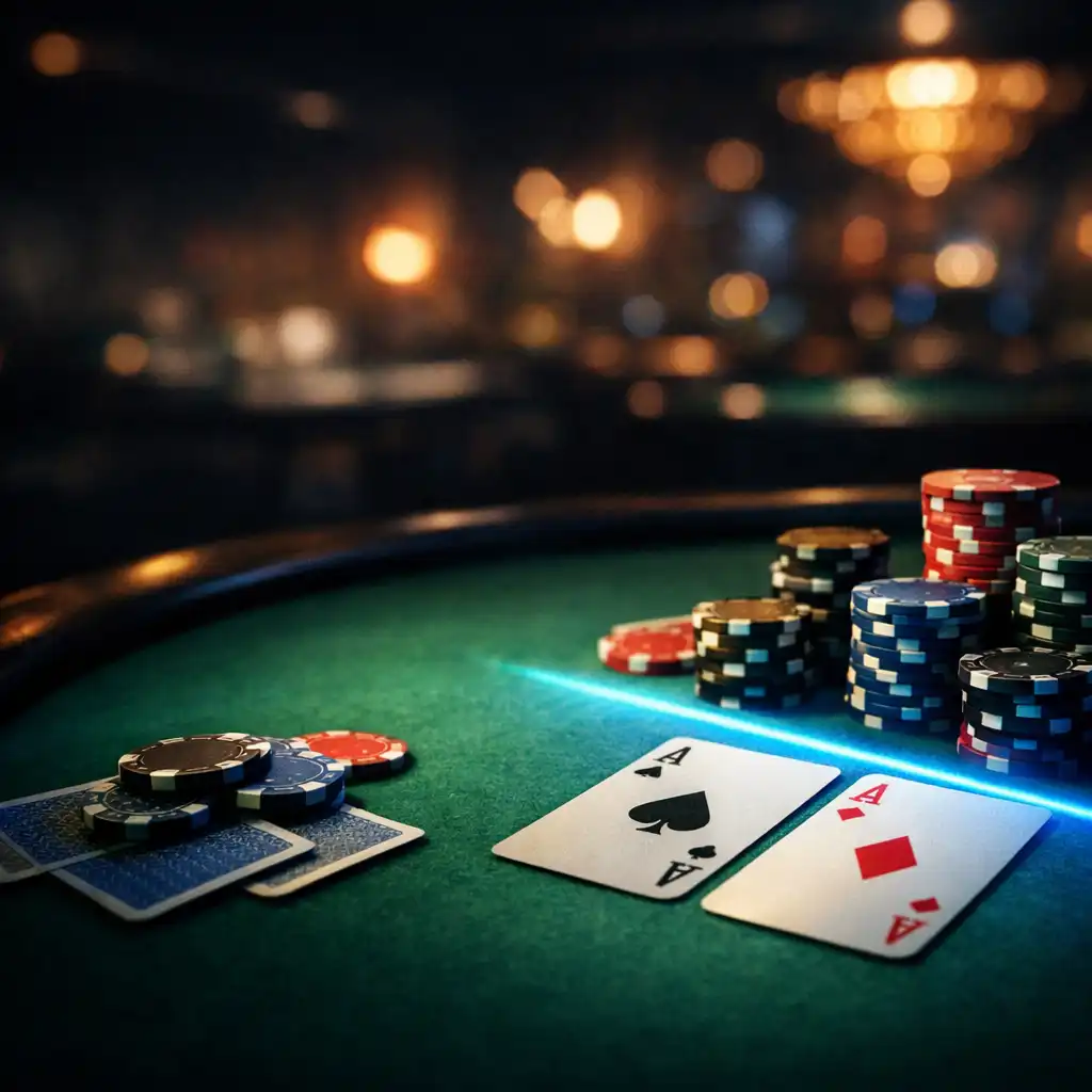 Profesjonalny stół pokerowy w ciemnym, eleganckim kasynie lounge z laserowo-niebieskim akcentem oświetlenia
