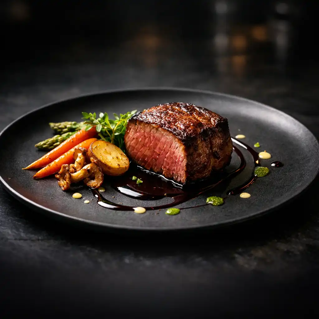 Elegancko podane danie na ciemnym stole w restauracji Xuravoni