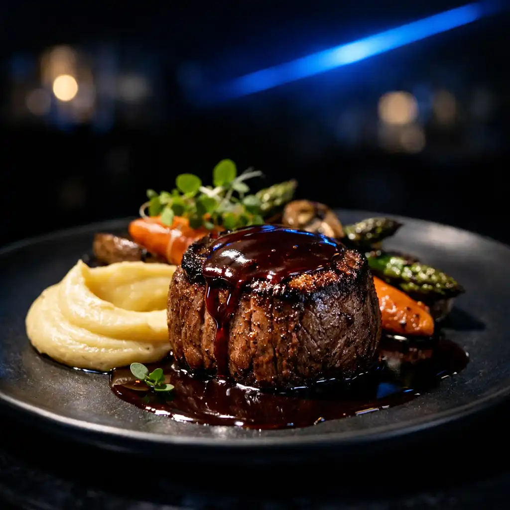 Wykwintne danie główne – stek z polędwicy z sosem podany na ciemnym talerzu, w tle rozmyte wnętrze restauracji