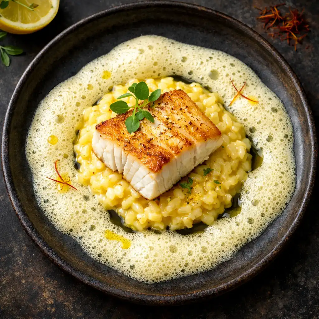 Halibut w maślance z risotto cytrynowym i pianą szafranową na ciemnym talerzu