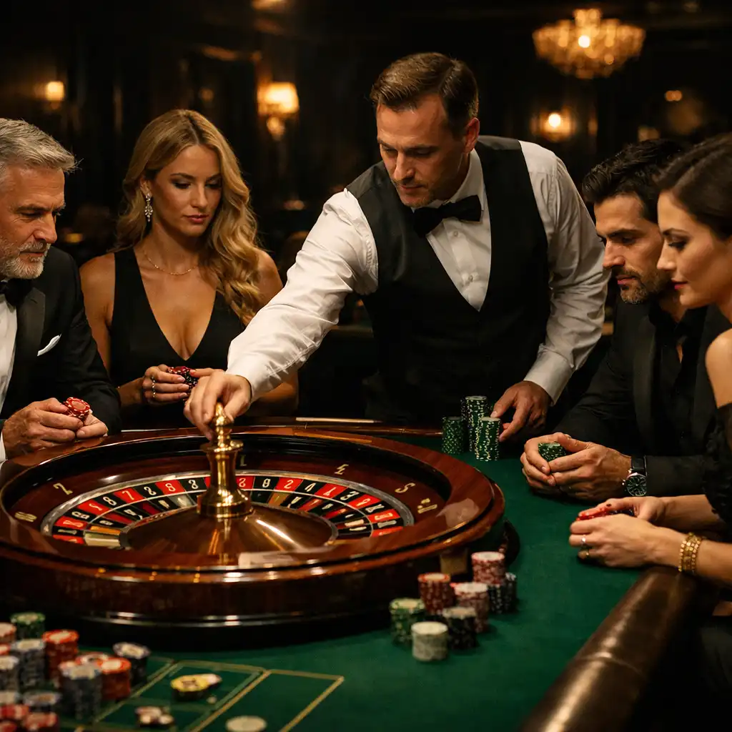 Goście przy stole do ruletki w eleganckim lounge Xuravoni
